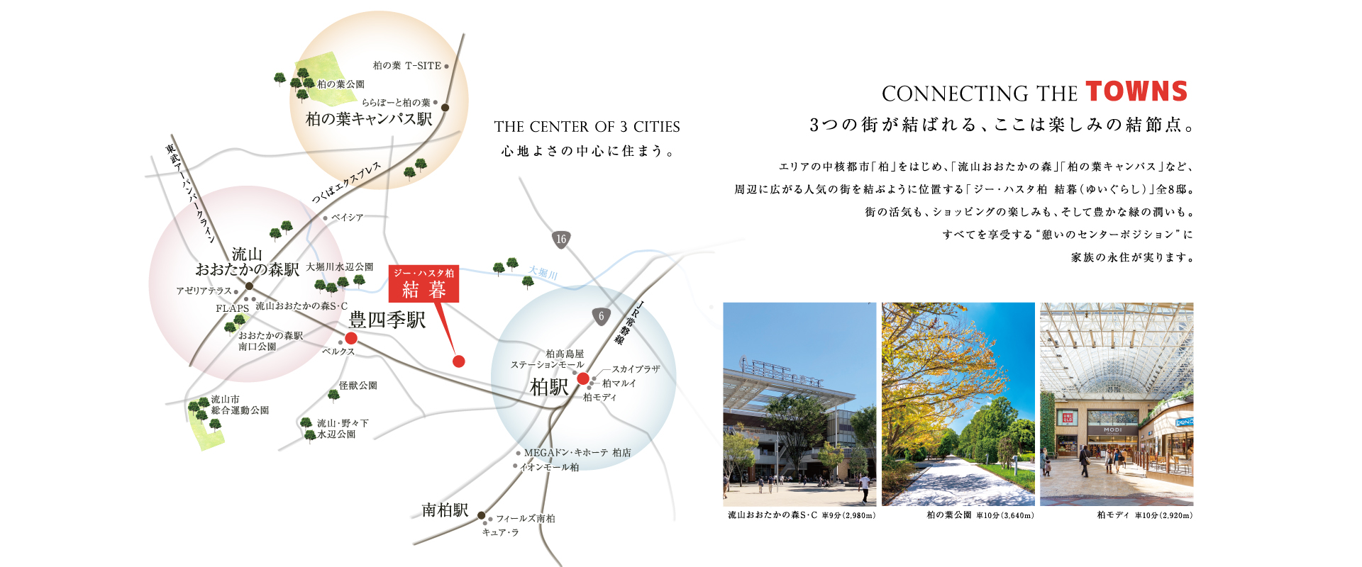 「柏駅」「流山おおたかの森駅」「柏の葉キャンパス駅」エリアを楽しめる住環境。